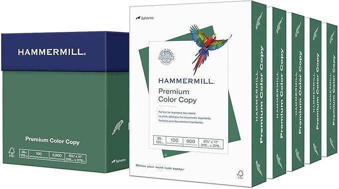 Hammermill Printer Paper, Premium Color 28 lb Copy Paper, 8.5 x 11 - 5 Ream (2,500 Sheets) - 100 Bright, Made in the USA, 102450C, White