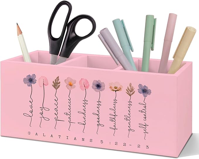 SNNDER Christian Pen Holder for Desk, Religious Christian Gifts for Women, Floral Boho Christian Bible Verses Wooden Pen Pencil Holder Organizer for Home Office Desk Accessories(PINK)