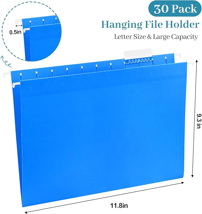 30 Pack Extra Capacity Hanging File Folders Reinforced Letter Size Hanging Folders with Expansion, 1/5 Cut Adjustable Tab Inserts for Office, School, Home Supplies, Assorted Colors (No Expansion)