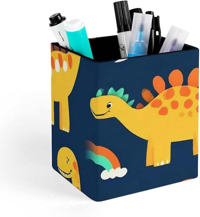 Pen Holder Square Leather Pencil, Holder Cup Makeup Brush Storage Organizer, Waterproof Multifunctional Office Supplies Dinosaur