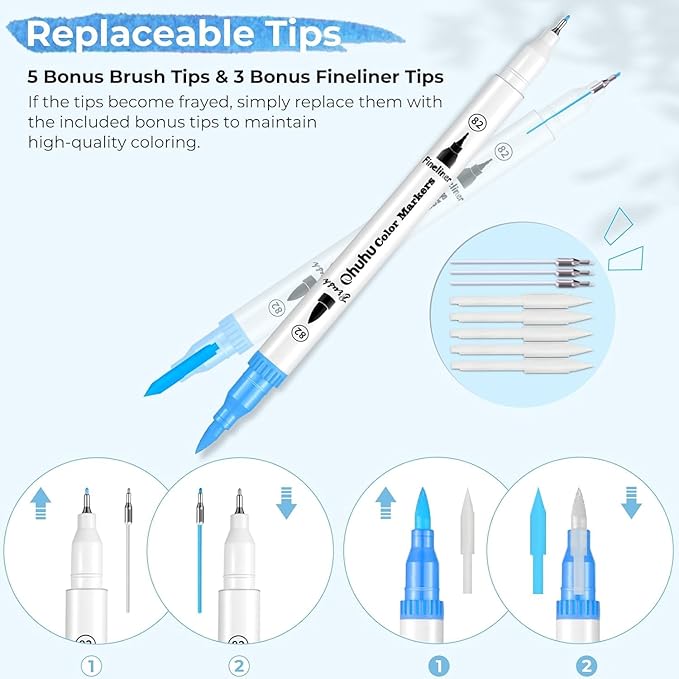 Ohuhu Markers for Adult Coloring Books No Bleeding 160 Colors Water-based Dual Tips Fineliner & Brush Coloring Markers for Kids Adults Beginners Drawing Pens for Journaling Lettering - Maui - White