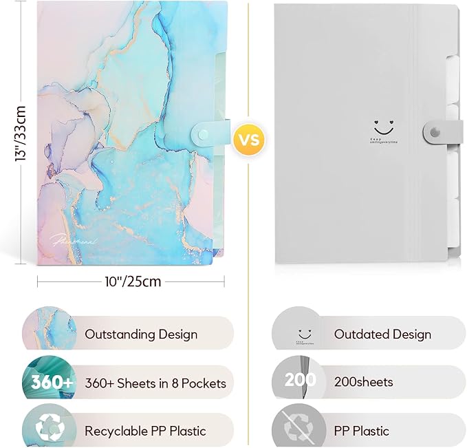 Expanding File Folder, Folders for Important Documents Organizer, Accordion File Organizer, Aesthetic Folders for School Students, 8 Pockets File Folder for Home Bills (Cyan Gold Marble)