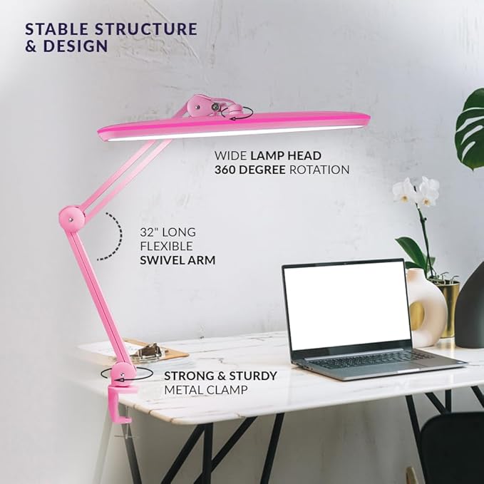 Neatfi XL 2,200 Lumens LED Desk Lamp, 23 Inches 24W, Adjustable Arm, Dimmable, Eye Caring, Nail Light for Home, Office, Study Lamp (Non-CCT with Clamp, Pink)