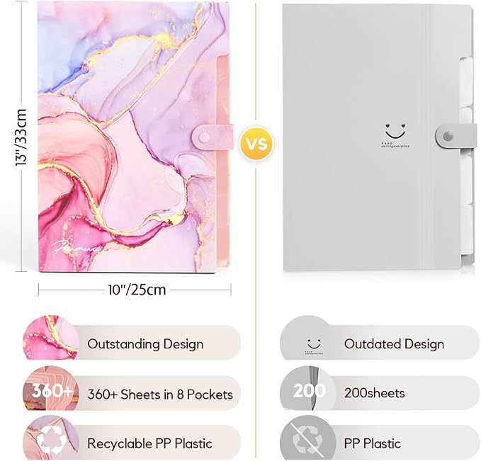 Expanding File Folder, Folders for Important Documents Organizer, Accordion File Organizer, Aesthetic Folders for School Students, 8 Pockets File Folder for Home Bills (Pink Gold Marble)