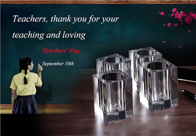 Coideal Glass Crystal Pen Pencil Cup Holder Square Clear Small Desk Table Organizer for Office School, Teacher and Student