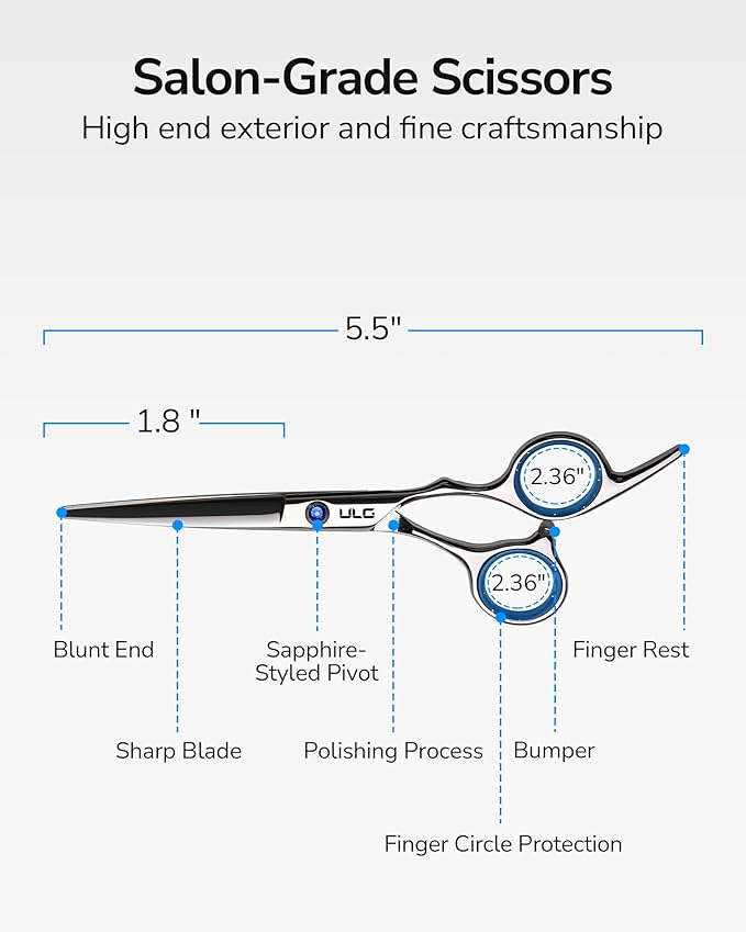 Hair Cutting Scissors, ULG Professional Hair Scissors 5.5 inch Right-Hand Razor Edge Barber Shears Salon Hair Cutting Shears Made of Japanese Stainless Steel, Hand Sharpened Blue