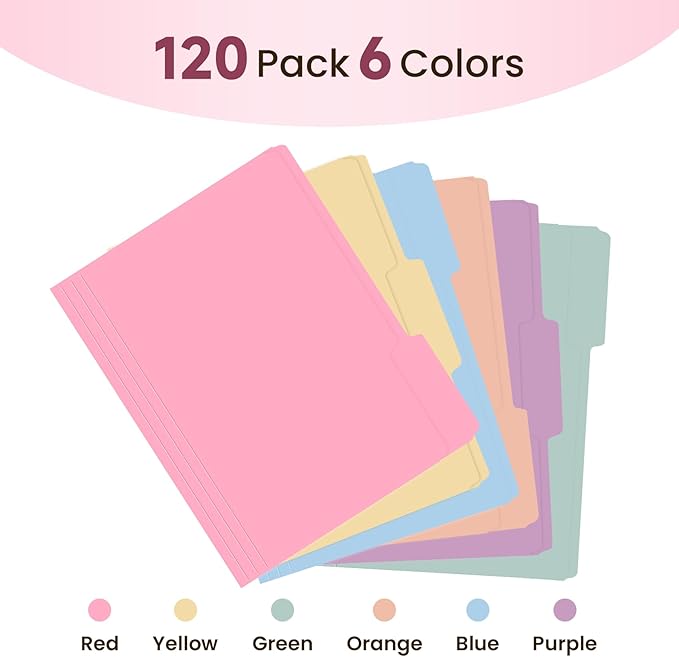Colored File Folders Letter Size, 120 Pack 6 Colors Manilla Folders 1/3 Cut Tabs, Assorted Pastel Color Office School Buiness Folders for Filing Organization, Paper File Folder Bulk Set