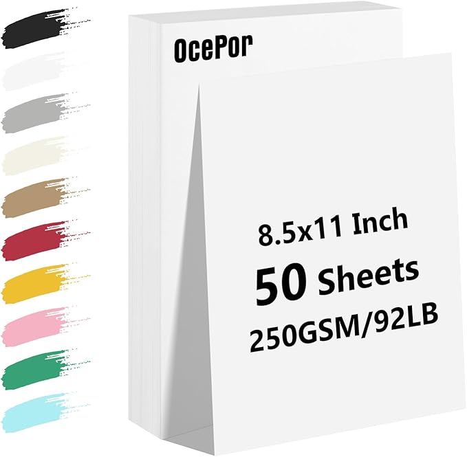 OcePor 50 Sheets White Cardstock Paper, Colored Printer Paper 8.5 x 11, Card Stock Thick Construction for Craft,Scrapbook，Office Printing, Invitations, Certificates，92 lb/250gsm