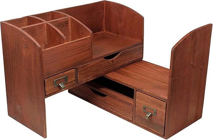 Executive Office Solutions Adjustable Wooden Desk Organizer For Desktop, Tabletop, Office or Counter – Wood Storage Shelf Rack For Office Supplies, Desk Accessories, or Mail – Cherry