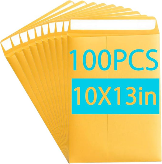 10x13 manila envelopes, Catalog Envelopes - 28lb Brown Kraft Paper with Self-Seal Closure | Ideal for Mailing Flat Letter-Size Documents & Photos (Yellow, 100PCS)