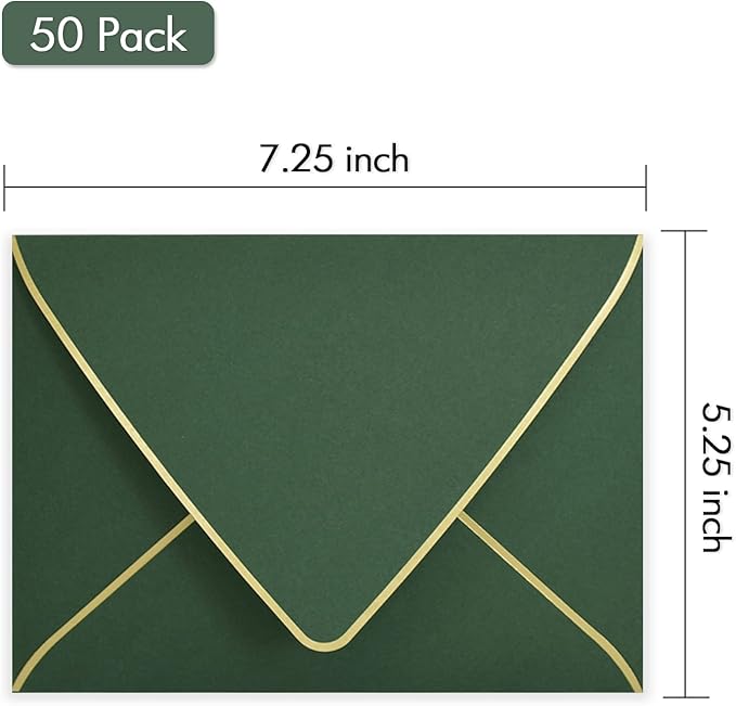 A7 Green Envelopes 50 Pack With Gold Border Christmas Envelopes 5 x 7 - V flap, Quick Self Seal, For 5x7 Cards| Perfect for Weddings, Invitations, Photos, Graduation, Baby Shower (Green)