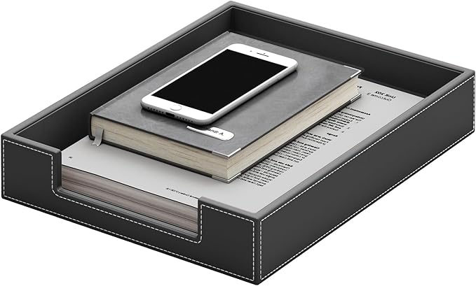 Leather Desk Organizer Tray, Stackable Leather Tray, Desk Organizers and Accessories, Magazine File Holder for Office Supplie(Black)