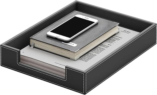 Leather Desk Organizer Tray, Stackable Leather Tray, Desk Organizers and Accessories, Magazine File Holder for Office Supplie(Black)