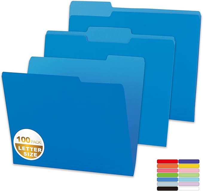 Colored File Folders,100 Packs Blue File Folders,Two Tone Color File Folder 8.5 x 11 Inch,1/3 Cut Tabs Letter Size,Manila File Folders for Office,School and Home,Organization