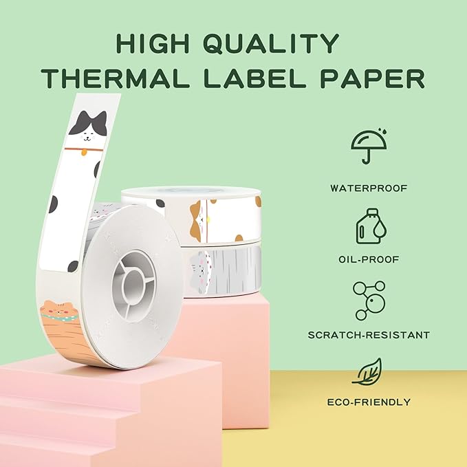 NIIMBOT D11 Label Maker Tape 3 Rolls Adhesive Cute Cat Label Paper 0.47" X 1.57" (12 X 40mm) 160 Labels/Roll, Compatible for NIIMBOT D11 D110 Label Printer, 3-Roll