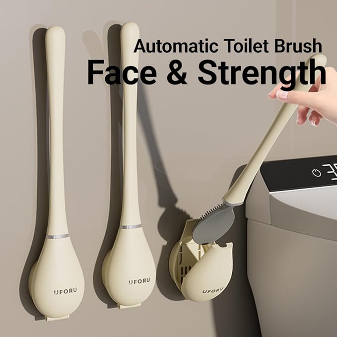 Flexible Silicone Toilet Brush and Holder Set Wall Mounted, Auto Closing TPR Brush Head for Deep Cleaning, Space Saving Bathroom Essentials with Adhesive Mounts (No Drilling) (2, White Milk)