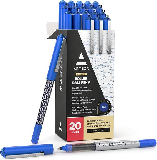 ARTEZA Rollerball Pens, Pack of 20 – Blue Liquid Ink Pens with 0.7 mm Fine Point for Note-Taking, Bullet Journaling, Office & School Writing Tasks