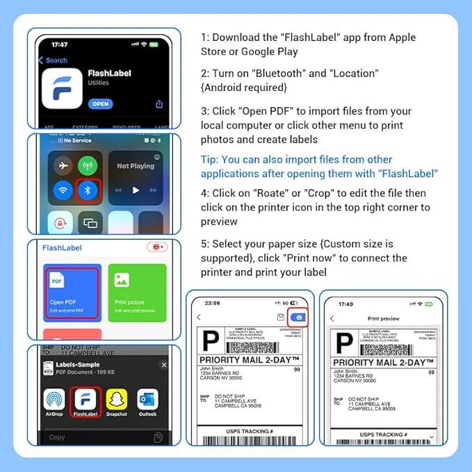 Bluetooth Thermal Shipping Label Printer for Small Business. Includes Paper Holder, 4x6 Labels, 2" Round Stickers, USB C, and E-Book.Compatible with Android, iOS, Windows, Mac.