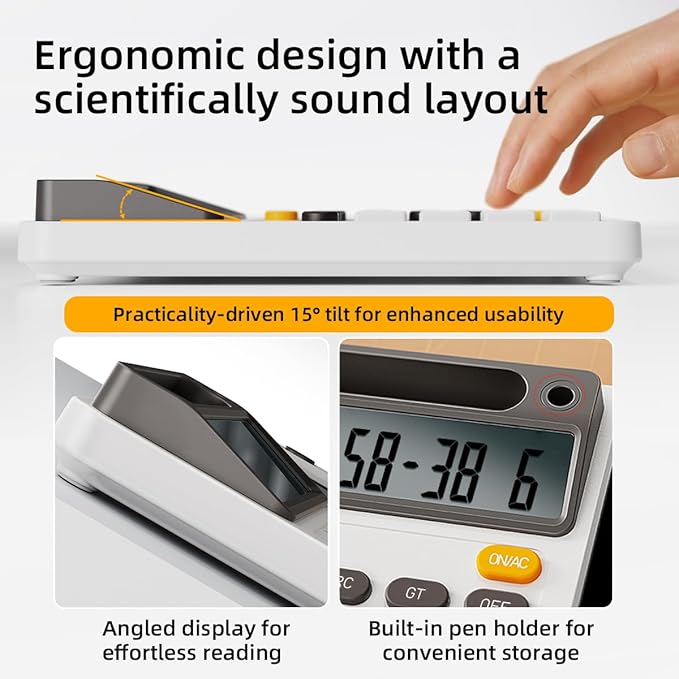 Solar Calculator with 7.5 inc LCD Writing Membrane, 15° Tilt for Easy Reading, Integrated Phone Stand, Voice & Silent Modes, Anti-Slip Pads for Stability, Ideal for Office & Study Use (White)