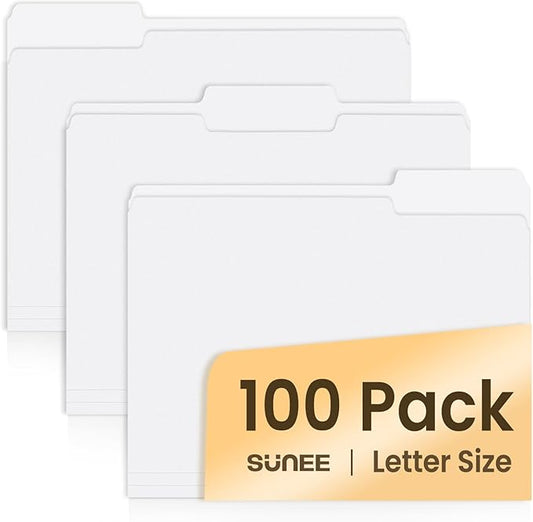 SUNEE File Folders Letter Size White, 100 Pack Manilla Folders 8.5 x 11 1/3-Cut Tabs, Colored File Folders Office Home School for Documents Files Paper