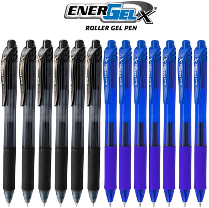 Pentel EnerGel X Retractable Liquid Gel Pen, 0.7mm, Ultra Performance, 12 Pack - 6 Black Ink and 6 Blue Ink Pens
