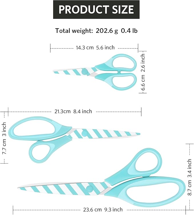 Scissors, Sharp Blades with Pattern, Soft Grip Handle, Multi-Purpose Scissors Set of 3 Suitable for Families, Office, and School Use, Blue