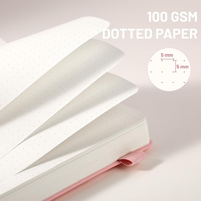 CAGIE Bullet Dotted Journal Notebook 320 Pages 100 GSM Paper Hardcover A5 Dot Grid Notebook Leather Journals for Writing Women Men Work Journaling, Pink