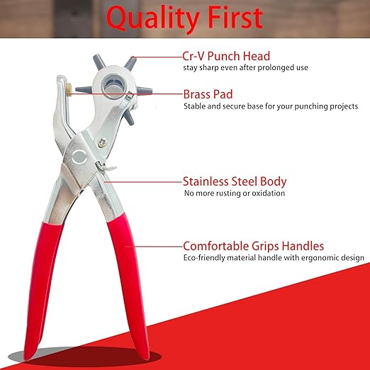 Adorox Heavy Duty Belt Hole Puncher for Leather – 6 Size Revolving Leather Hole Punch Tool with Ruler & Deburring File, Perfect for Belts, Straps, DIY Leathercraft, and Repair