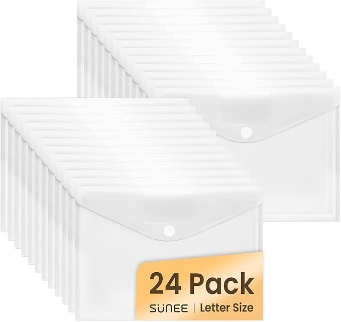 SUNEE 24 Pack Plastic Envelopes, Clear Folders for Document for A4 Letter Size, Poly File Folders with Label Pockets for School Home Office Organizer Work Supplies