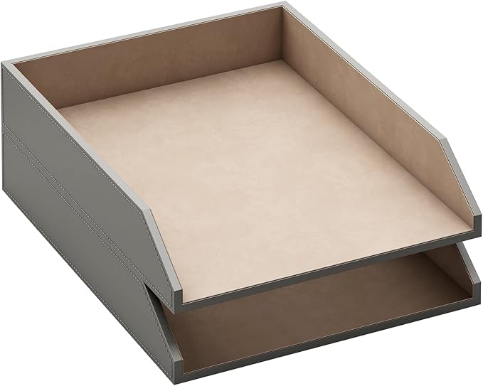Leather Letter Tray, Thipoten Stackable Desk Organizer Holder for Office Supplies, Paper, File, Magazine, Perfect Office Organization for Desktop (Grey)
