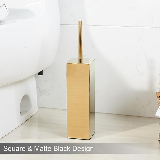 Kelirol Gold Square Stainless Steel Toilet Brush with Holder, 304 Modern Toilet Brush Set – Rust Resistant, Long Handle, Replacement Heads, Floor Standing Bathroom Toilet Cleaning Brush
