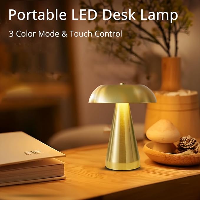 Portable LED Desk Lamp, Cordless Metal Table Lamp, 3-Color Touch Control Rechargeable Light, 3-Levels Brightness Room Decor, Bedside & Dining Room Light (Gold)