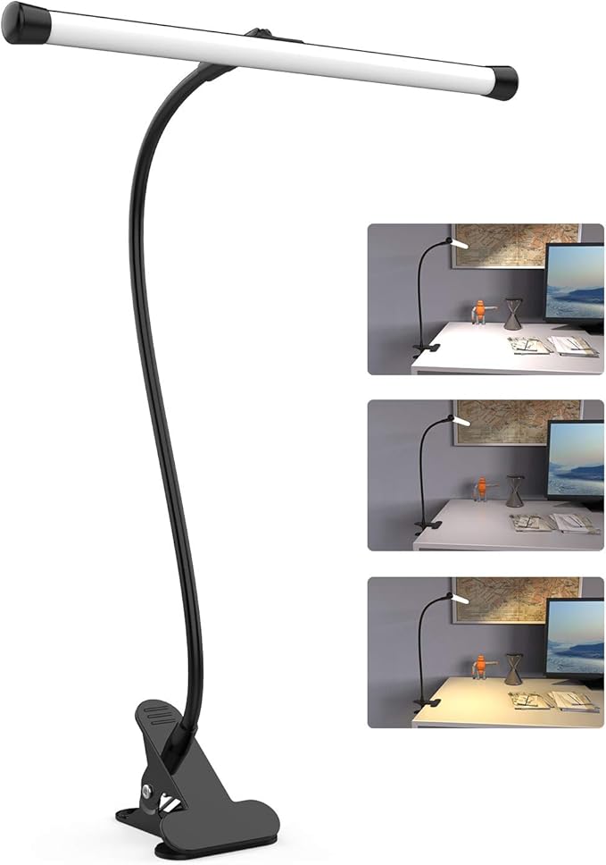 YOUKOYI LED Desk Lamp with Clamp, Flexible Gooseneck Arm Drafting Table Lamp, 10 Brightness Levels, 3 Color Modes, Can be Power by USB, 5W for Headboard, Workbench, Studio, Bedside Reading - Black