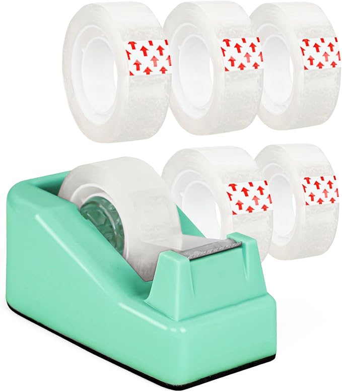 Desktop Tape Dispenser Green with Weighted Nonskid Base - Includes 6 Rolls of Transparent Tape (0.71 Inch x 1000 inches Each)