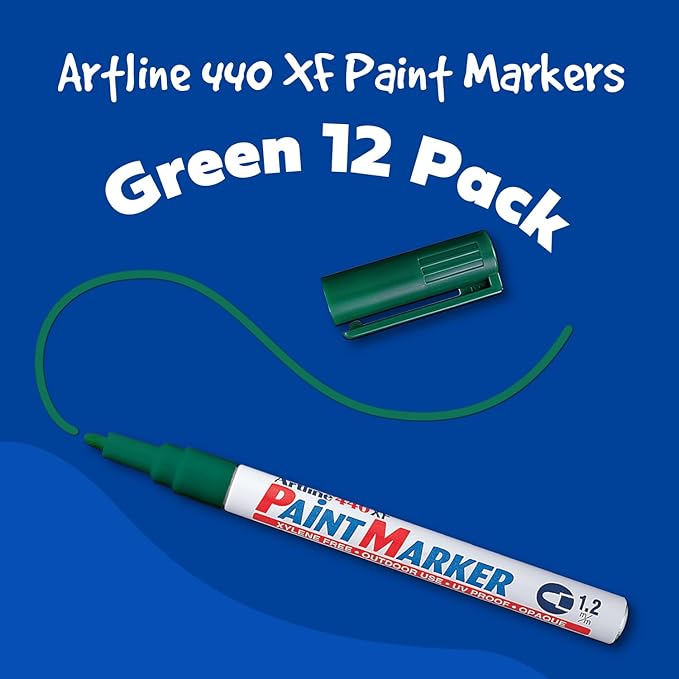 Artline 440XF Paint Markers for Wood, Plastic, and Canvas, Waterproof Marker for Indoor/Outdoor Applications, Opaque Coloring Markers with 1.2mm Bullet Tip - Green, 12 Pack