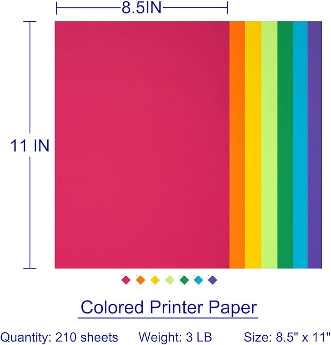 Colored Printer Paper 8.5x11 in 210 Sheets Premium 32 lb/120 GSM Laser 7 Color Rainbow Letter Size Paper for Arts Crafts DIY Projects School Office Supplies Origami Kids