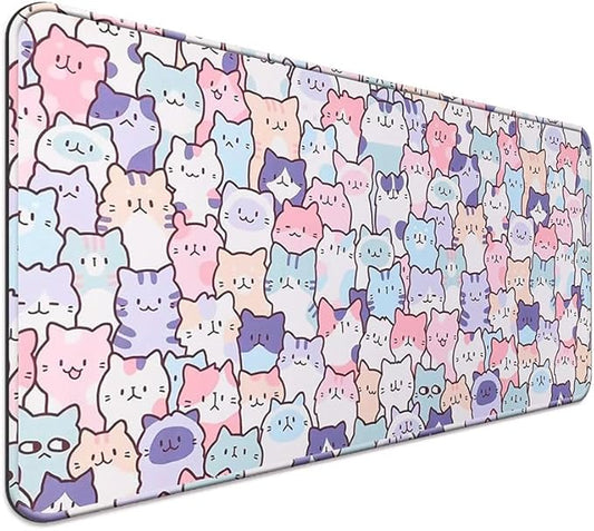 Cute Kawaii Cat Mouse Pad, Gaming Office Home Mousepad, Computer Keyboard and Laptop Desk Mat for Women, Large Extended Non-Slip Rubber Base with Stitched Edges, 31.5x15.7x0.12 in, Pink