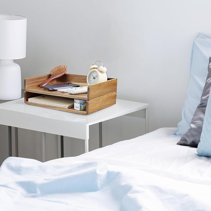 DRASTAR Paper Organizer Letter Tray, 2 Packs Acacia Wooden Stackable Letter Tray, A4 File Sorter Desk Organizer, Desk Organizers and Accessories for Home Office Supplies