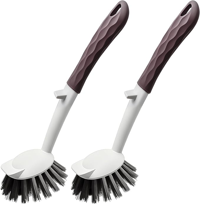 DMBMHMBDF Dish Brush, 2 Pack with Comfortable Handle, with Built-in Scraper, Scrub Brush with Stiff Bristles for Cleaning Dishes, Sink, Pots (Brown)