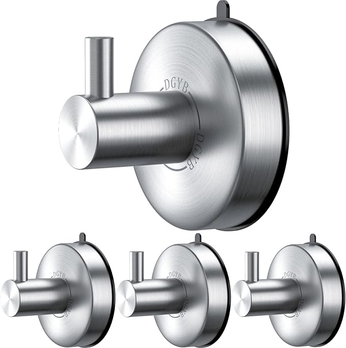 DGYB Suction Cup Hooks for Shower Set of 4 Brushed Nickel Towel Hooks for Bathrooms SUS 304 Stainless Steel Shower Hooks for Loofah 15 Lb Bathroom Hooks for Towels