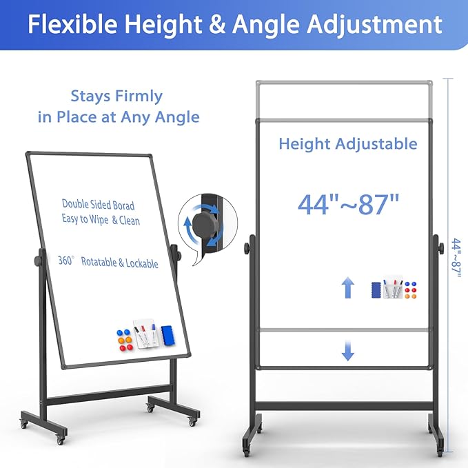 Double-Sided Whiteboard and Corkboard on Wheels, 48 x 32 Inch Magnetic Dry Erase Board with Adjustable Height Stand, Rolling Mobile Board for Office, Classroom, Presentation & Planning (Cork & Black)