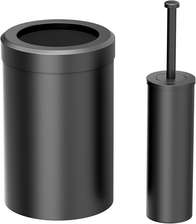Gatco Modern Round Waste Basket and Toilet Brush Set, Matte Black- Stainless Steel Trash Can with Removable Lid, Leakproof, 3 Gallon Capacity for Bathroom, Bedroom, Kitchen, or Office
