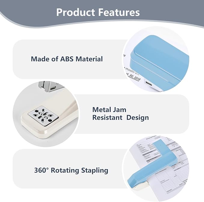 MJMX 360° Rotating Swing-Arm Stapler, 25-Sheet Capacity, with 1000 Staples, 8-Position Lock, ABS Durable Design, for Office/Home/School (White+Blue)