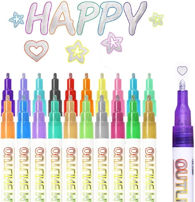 Marker Pen for Highlight, Dual-Line Shimmer Glitter Markers Outline Pen, Highlighter Metallic Paint Markers, Metallic Glitter Pen Set Art DIY Crafts School Supplies for Kids Girls Teens (20 Color)
