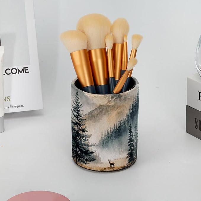 Watercolor Mountain Deer Circular Pen Holder, Pen Cup Makeup Brush Holder, Design for School, Home and Stationary Supplies (3.9 x 3.1 Inches)