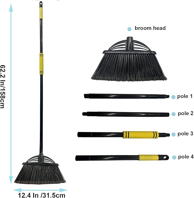 Xifando Four-Section Rod Long-Handled Broom,Heavy-Duty Broom, Angle Broom for Outdoor/Indoor（Black+Blue）