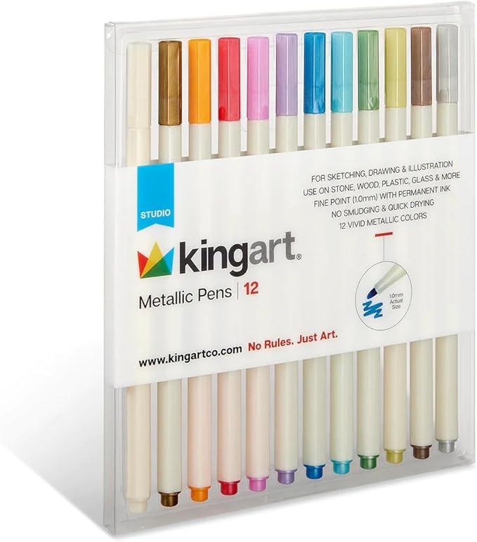 KINGART 12 Metallic Pens, Fine Point 1.0mm Tip Markers, Opaque Ink for Black Paper, Rock Painting, DIY Crafts, Scrapbooking & Card Making