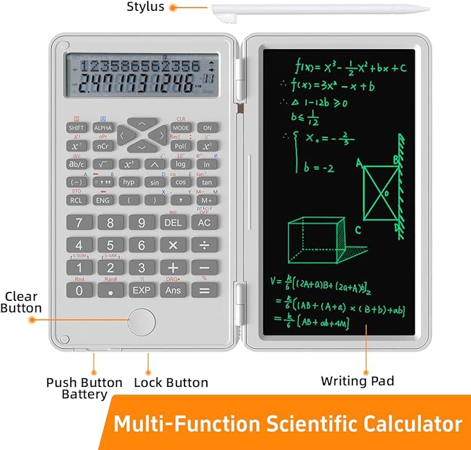 Scientific Calculator with Writing Pad, 240 Computing Functions, Foldable Case, HD Screen, Anti-Deletion Lock & One-Click Clear, Perfect for School, Finance & Engineering (White)