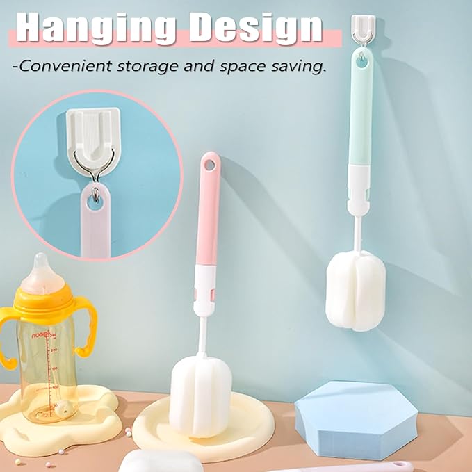 Sponge Bottle Brushes 3 Piece Baby Bottle Brushes Long Handle Cup Scrubber Brush Portable Sponge Bottle Cleaning Brush (3PCS)