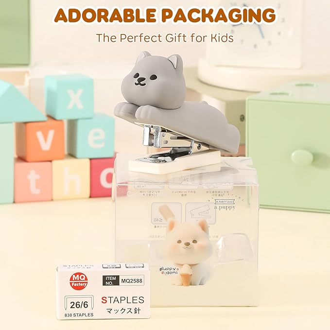 Honagu Mini Cute Animal Stapler with Staples, Cartoon Stereoscopic Silicone (PVC) Stapler, Labor-Saving Office Supplies for Students Kids (Gray Puppy)